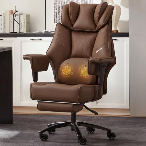 Dowinx Big and Tall Office Chair 400 Lbs with Rotating Massage Lumbar Support, Thick Seat Cushion and Adjustable Armrest,Computer Gaming Chair with Footrest,Brown