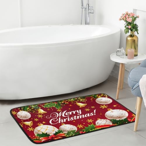 Christmas Door Mat Kitchen Mats, Christmas Merry Red Ball Holly Door Rugs, Cushioned Anti Fatigue Absorbent Kitchen Rug, Non-Slip Standing Desk Mat, Front Door Rug for Floor, Office, Sink, 20"×39"