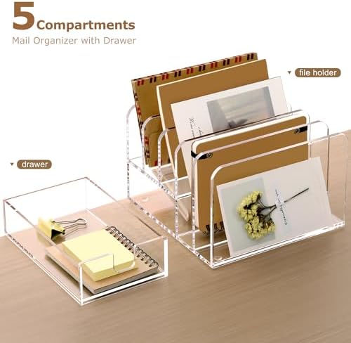 Acrylic Mail Sorter Desk Organizer Holder with Drawer, 5 Compartments Clear