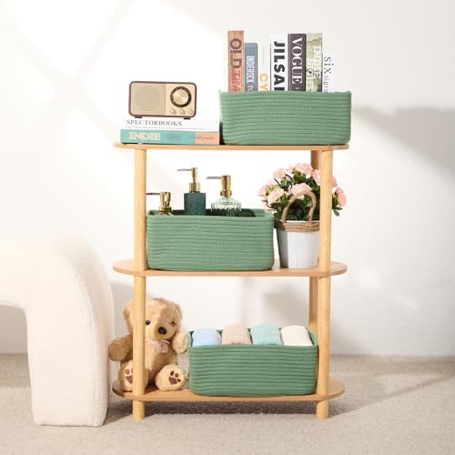 MiniArk Small Storage Baskets for Organizing | Closet Organizer Bins | Shelf Toy Basket | Woven Rope Baskets | Cube Decorative Box | Shallow Basket | 13x8.5x5.1” | 3 Packs Green