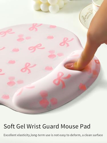 Seorsok Pink Ribbon Bow&Blooming Rose Mouse Pad with Gel Wrist Support Mouse Pad,Ergonomic Aesthetic,Comfort Mousepad for Office Work Computer,Pain Relief Mousepad with Non-Slip Silicone Base,Pink Bow