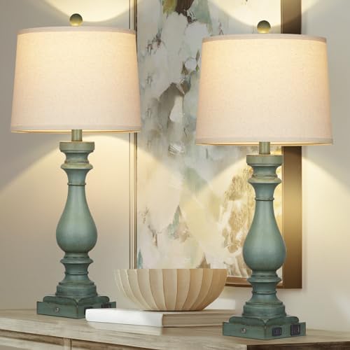 Cinkeda 29" Tall Table Lamp for Living Room Set of 2,Vintage Bedside Nightstand Lamps with USB C+A Ports & AC Outlet,3-Way Dimmable Touch Control Retro Green Desk Lamp for Bedroom,Color 4