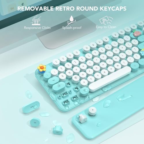 Wireless Keyboard, Round Keycaps, Retro Typewriter Keyboard with Detachable Wrist Rest, Sleep Mode, Foldable Legs, 2.4GHz Full-Size Cordless Computer Keyboard for Windows/PC/Laptop (Tiffany Blue)