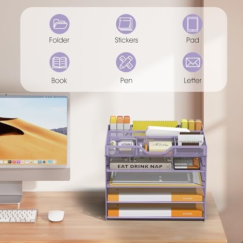 5 Tier Paper Letter Tray Desk Organizer with Pen Holders - Purple