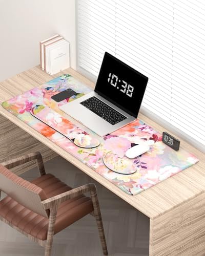 Auhoahsil Large Mouse Pad with Wrist Rests for Keyboard & Mouse, Thick Soft Ergonomic Memory Foam Wrist Supports, Big & Long Desk Mat 35.5 x 15.7 in, for Office Gaming Computer, Pink Flowers