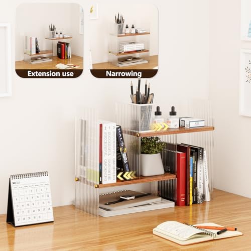 BYCY Double H Display Bookshelf Desktop Organizer Office Storage Rack Desk Expandable Wood Display Shelf with Acrylic Side Board Free Style Display Adjustable Stackable for Home Office (Black Brown)