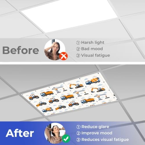 4 Pcs Fluorescent Light Covers for Ceiling Lights Truck tractor excavator Magnetic Light Filters Decorative for Classroom Office Hospital Home 4x2 Ft
