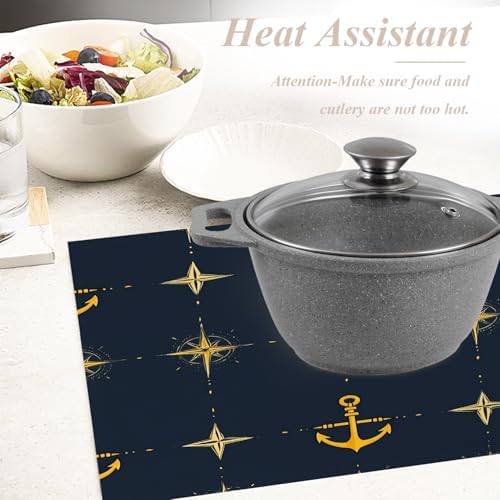 Shrahala Maritime Sea Sailing Symbols Placemats, Navy Blue Nautical Seamless Pattern Table Mat Linen Burlap Washable Double-Deck Heat Insulation for Dining/Kitchen Table Set of 6 (12 X 18 Inch)