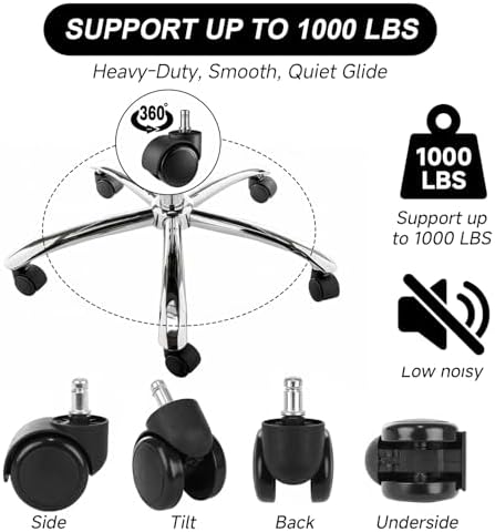 2 Inch Wheels for Office Chairs Replacement, 5PCS Mute Heavy Duty Rubber Rotating Computer Desk Chair Caster, Safe for All Wood Floors Carpet, Universal Standard Stem Size Fits 99%