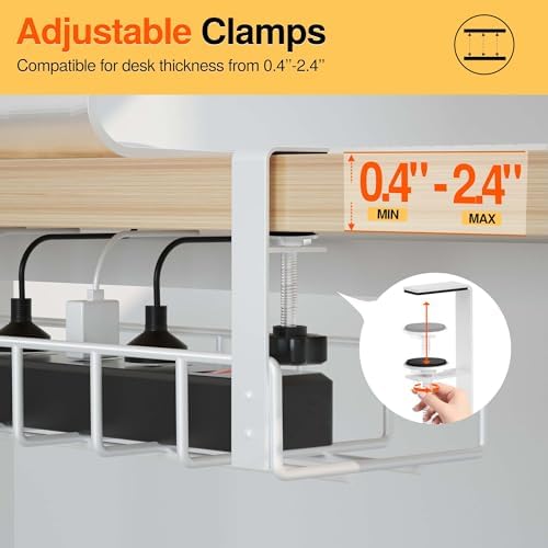 2 Pack Under Desk Tray, 31.4" No Drill Wire Management with Upgraded Clamp, Metal Cord Organizers for Desk, PC Cable Rack, White