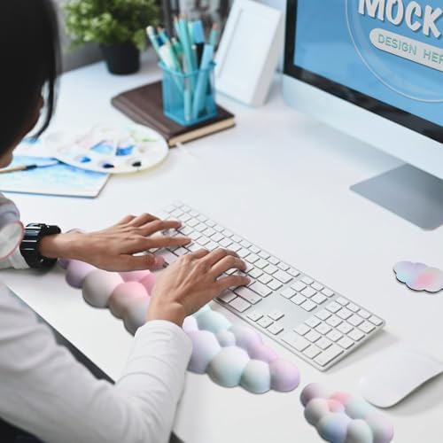 Cloud Wrist Rest Keyboard, Ergonomic Keyboard Wrist Rest Pad Set, Rainbow