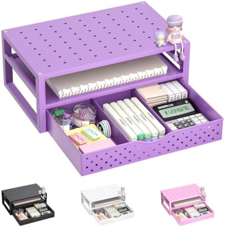 WALI Desk Organizer with Drawer，Computer Monitor Stand with Storage, Desk Organizers and Accessories for Computer, Printer, Laptop Riser for Home Office Supplies, (PTT005-V), 1 Pack, Purple