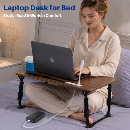 Laptop Desk for Bed, Height Adjustable Laptop Bed Table, Foldable Portable Lap Desk Stand with USB/Storage Drawer/Cup Holder/Slot, Breakfast Tray for Working Reading Writing Eating
