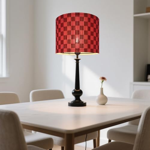 Modern Lamp Shade with Colorful and Natural Checkered Pattern Bamboo Made, Translucent Drum Shape, 11.8 Inch for Table and Floor Lamps, Ideal for livingroom bedroom (Red mix)