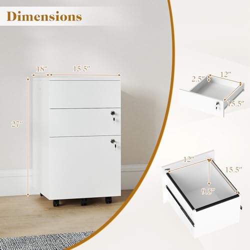 LOKO Mobile File Cabinet with 3 Drawers, Under Desk File Organizer (White)