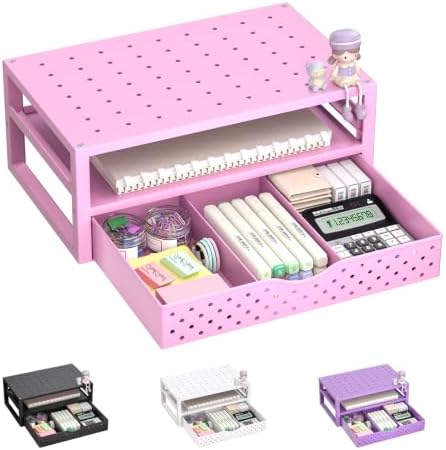 WALI Desk Organizer with Drawer，Computer Monitor Stand with Storage, Desk Organizers and Accessories for Computer, Printer, Laptop Riser for Home Office Supplies, (PTT005-P), 1 Pack, Pink