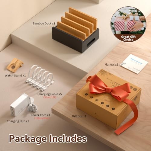 Pezin & Hulin Bamboo Charging Station with USB Charger&Cables-Natural+Black