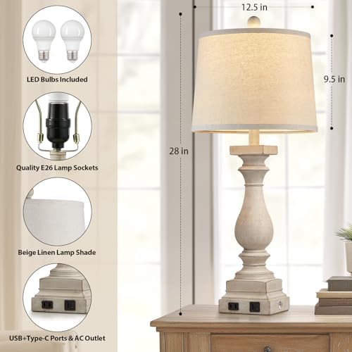 28" Tall Farmhouse Table Lamps with USB C+A Ports and AC Outlet, 3 Way Touch Control Rustic Bedside Lamps for Bedroom, Beige Vintage Nightstand Lamps for Living Room Office
