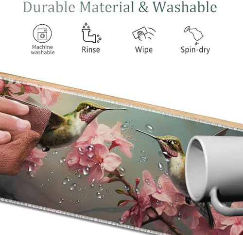 4 in 1 Mouse Pad Combo, Large Gaming Mouse Pad + Keyboard Wrist Support + Mouse Wrist Rest + Coaster, Table Pad 31.5 "x 11.8" with Memory Foam Ergonomic Wrist Pad Set, Hummingbird Flowers