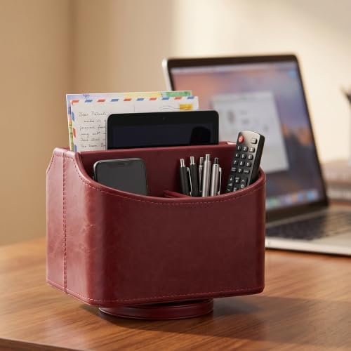 UnionBasic Rotating Desk Organizer, 360 Desk Spinning Caddy, Desktop TV Guide/Mail/Media/Remote Controller Holder Organizer, Burgundy - Printed Oil Leather