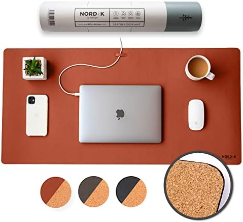 Nordik Leather Desk Mat - Cork Whiskey Brown - Leather Desk Pad 35x17 in