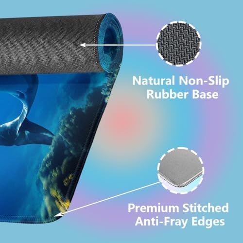 Happy Dolphins Underwater Encounter Large Mouse Pad, Navy Blue Desk Mat