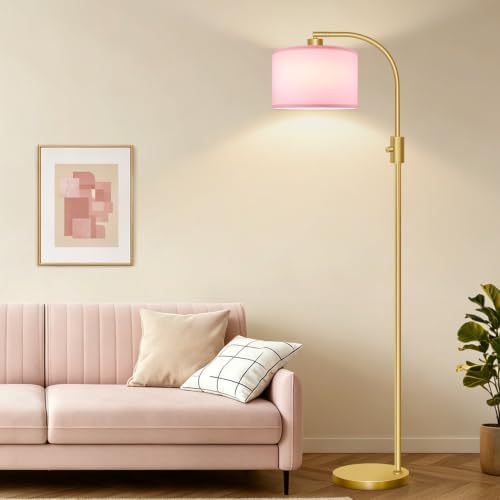 Nintiue Dimmable Floor Lamp, 1200 Lumens LED Edison Bulb Included, Arc Gold Floor Lamps for Living Room Modern Standing Lamp with Pink Linen Shade