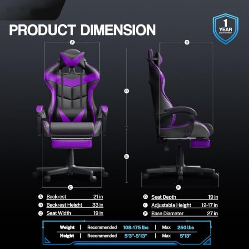 Huracan Gaming Chair with Footrest, Ergonomic Computer Chair Lumbar Support, Adjustable High Back Recliner for Adults, Racing Style Video Gaming Chairs, for Home Office Streaming, Purple