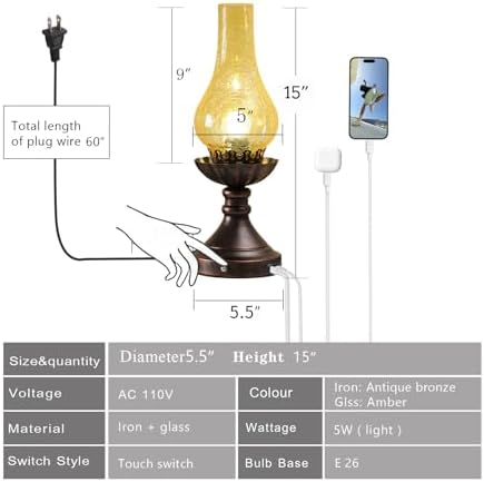 Farmhouse Rustic Touch with USB A+C Charging Ports Table Lamps，Bedroom Bedside Vintage Decor Lantern Hurricane Lamps Set of 2-USB A+C