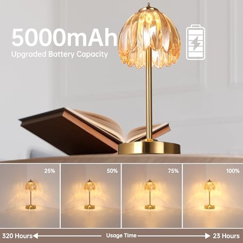 Shenmoyl Tulip Table Lamp with 5000mAh Battery & Touch Control, Cordless Table Lamp with 3 Colors, Dimmable Rechargeable Table Lamps for Bedroom, Nightstands, Living Room, Entryways (Amber Tulip)