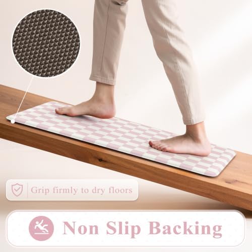 KIMODE Kitchen Anti Fatigue Mats, Light Pink Checkered Home Decor Carpet
