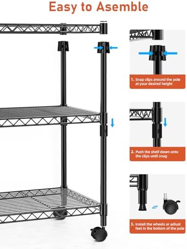 Simple Deluxe Shelving Unit - 3 Tier Shelf for Garage Storage, Black, 24.02" W x 13.78" D x 29.92" H, 750 Lbs Capacity, Adjustable Shelves, Leveling Feet, Caster Wheels for Easy Mobility,Black