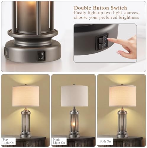 AIEAMPDO Set of 2 Farmhouse Bedroom Table Lamps with 2 USB C+A Ports