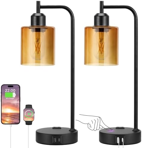 Industrial Touch Nightstand Lamps for Bedrooms Set of 2 - 3-Way Dimmable Table Lamps with USB C+A Ports and Outlet, Bedside Lamps with Amber Glass Shade for Living Room, Desk Lamps for Home Office