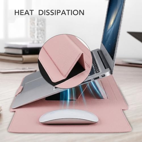 4-in-1 Laptop Sleeve with Stand and Mouse Pad, Faux Leather Protective Case with Accessory Pouch for 13.3-14 Inch Laptops, Pink