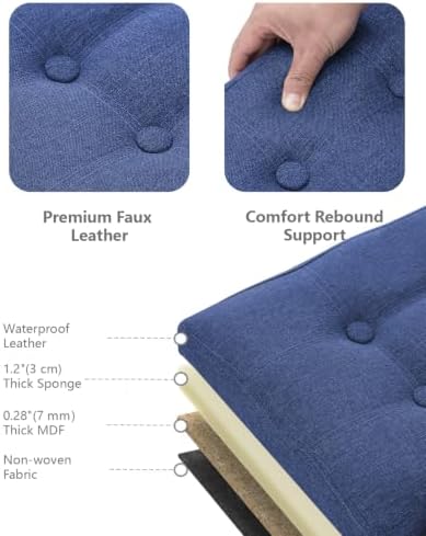 AmasSmile Footrest Ottoman Storage Bench, 34" Linen Folding Chest, Blue