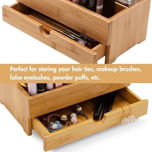 GOBAM Bamboo Makeup Organizers and Storage with Drawer - Wooden Cosmetic Organizer Countertop for Bathroom, Bedroom, Closet, Kitchen, Vanity & Dresser - Make up Vanity Station
