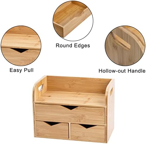 Hacaroa 3 Tier Bamboo Desktop Organizer with 3 Drawers, Tabletop Craft Box Cosmetic Storage Drawer with Handle, Portable Desk Letter Mail Sorter for Office Supply, Toiletries