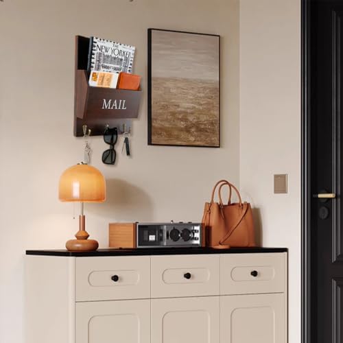 DLQuarts Solid Wood Mail Organizer with Key Holder for Wall, Mail Sorter Wall Mounted, Decorative Wooden Key and Mail Holder with 3 Hooks, Dark Walnut