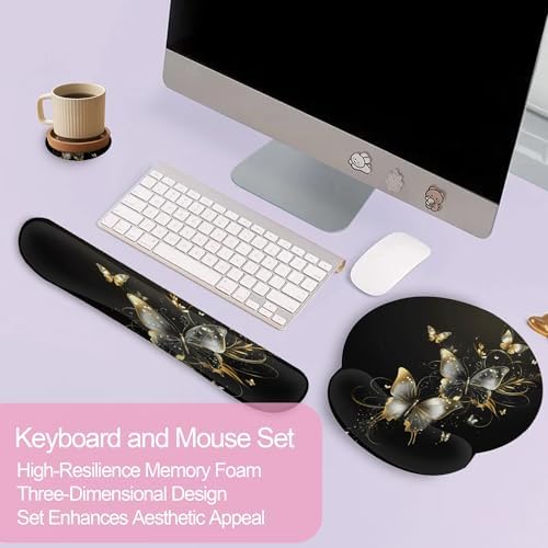 Golden Butterfly Keyboard Wrist Rest Pad Mouse Pad Set,Ergonomic Mousepad Wrist Support Memory Foam Desk Pad for Gaming Office,Non-Slip Rubber Base Easy Typing for Home Office Computers