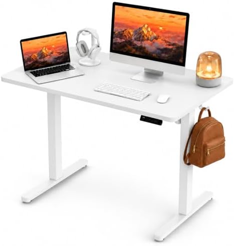 Electric Standing Desk, 40" x 24" Adjustable Height Sit Stand Desk, Small Space Workstation, Compact Computer Desk for Home Office, Stable Steel Frame (White)