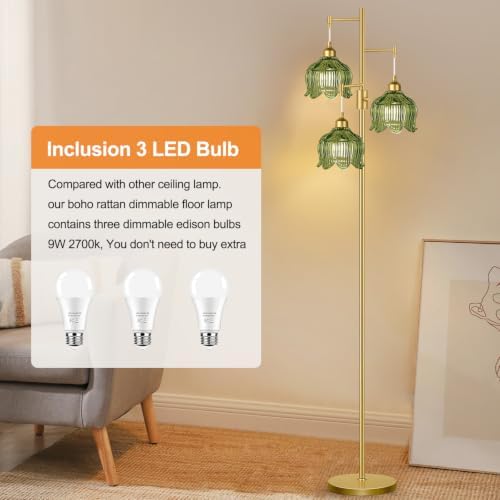 Vintage Floor Lamps for Living Room 3 Light Glass Floor Lamp with 3 Color Temperatures, Dimmable Green Floor Lamp Gold Mid Century Modern Standing Lamp Tall Tree Flower Floor Lamp for Bedroom Corner