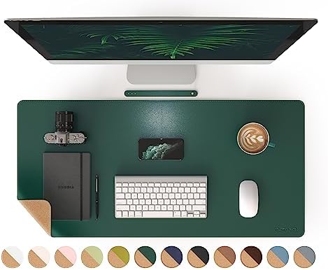 RENMTURE Dual-Sided Mouse Pad, Natural Cork & PU Leather Large Desk Pad for Office and Home Work, Desk Protector Non-Slip, Waterproof, Easy Clean (Dark Green, 36"x17")