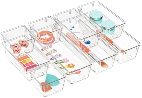 9 Pack Clear Drawer Organizer Set, Drawer Storage Trays, Storage Bins
