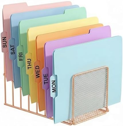 Rose Gold Desk Organizer 7 Slot Inclined Vertical File Folder Holder Sorter with Mesh Front – Metal Wire Rack for Mail, Slim Binders, Books Office Organization & Desktop Accessories