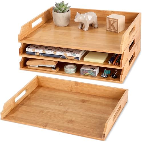 AceOrbit 3 Pcs Stackable Paper Tray Bamboo Wood Desk Organizer Letter Tray