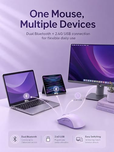 RAPIQUE Bluetooth Wireless Mouse, Dual Bluetooth & 2.4GHz, Purple