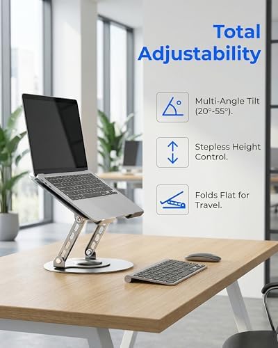 Compatible 360° Rotating Adjustable Laptop Stand, Fully Foldable Dual Rotary Shaft Laptop Riser Portable Standing Desk, Fits MacBook & All 10-15 Inch Laptops - Grey
