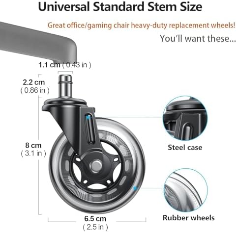 Office Chair Wheels Replacement, 3" Heavy Duty Rubber Caster Wheels for Hardwood Floors and Carpet, Quiet & Safe Wheels for Rolling Chair Set of 5, Easy Installation with Universal Fit