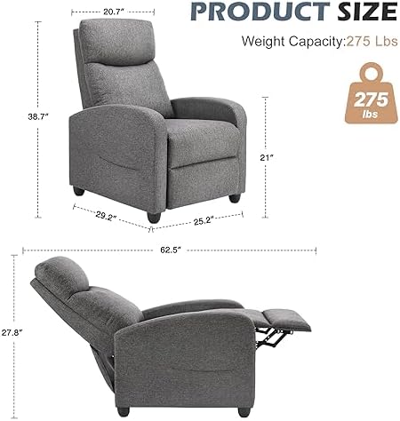 Sweetcrispy Massage Recliner Chair for Adults, Adjustable Home Theater Seating with Lumbar Support for Living Room, Modern Fabric Reclining for Small Space, Grey